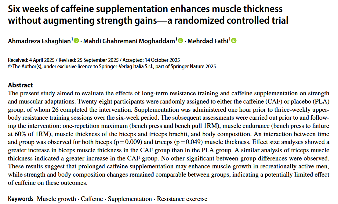 Jozo_Grgic's tweet photo. Six weeks of caffeine supplementation enhances muscle thickness without augmenting strength gains—a randomized controlled trial

https://t.co/dMoOfpYneU https://t.co/PyDnBn1VvG