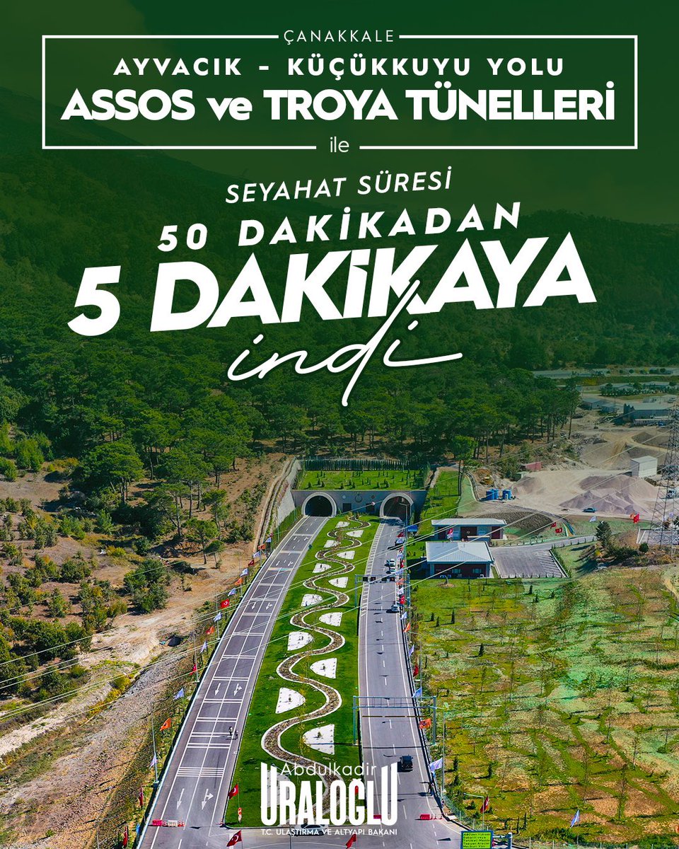 📍Çanakkale

🌉 Çanakkale Ayvacık - Küçükkuyu Yolu Assos ve Troya Tünelleri ile 👇

⤵️ Seyahat süresini 50 dk’dan 5 dk’ya indirdik.

🏛️Zamandan tasarruf sağlıyor; Çanakkale’nin bereketli topraklarını modern ulaşımla taçlandırıyoruz.

#TürkiyeHızlanıyor 🇹🇷