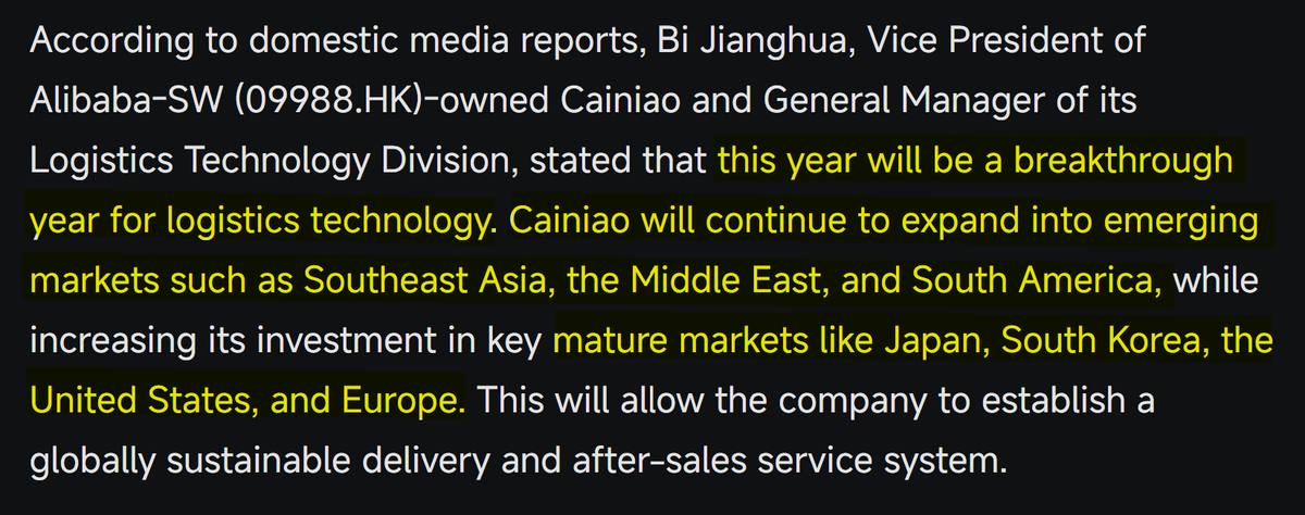 dyz_ob's tweet image. $BABA : Alibaba (09988.HK) Cainiao plans to strengthen its expansion in key markets such as Japan, South Korea, Europe, and the United States.