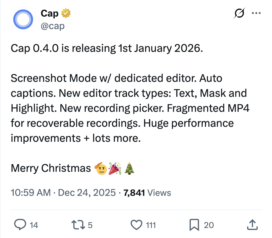 Creator_Toolbox's tweet photo. Cap released version 0.4.0, releasing:

- Screenshot Mode (with a dedicated editor)
- Auto captions
- New editor track types (Text, Mask, and Highlight)
- A new recording picker

And more... https://t.co/962MXr6VmR