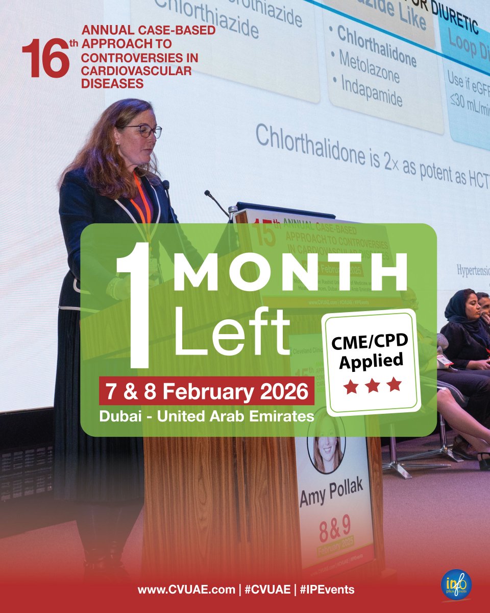 CVConfUAE's tweet image. 1 MONTH LEFT til #CVUAE 2026!

Join global #cardiovascular experts for two days of real-world case discussions, cutting-edge insights &amp;amp; impactful learning.

Co-sponsored by Cleveland Clinic &amp;amp; Mayo Clinic
CME / CPD Applied
Dubai | 7–8 Feb 2026
Reg bit.ly/CVUAEreg
#IPEvents