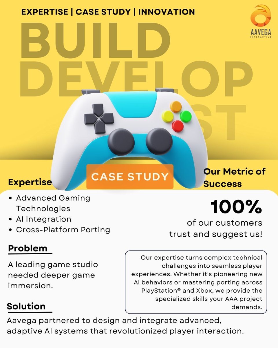 Every great game starts with a challenge. A recent one? A studio needed to create a world that felt truly alive and responsive.

The ask was for deeper immersion. Our answer at Aavega Interactive was Adaptive AI.

#adaptiveai #gaminginnovation #playerexperience
