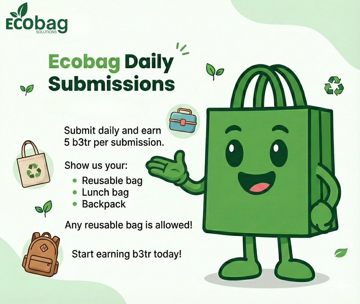 _BagSolutions_'s tweet image. Want 5 $B3TR daily? 💰

​Ecobag submissions are open! Show off your reusable gear and get paid!

​✅ Reusable bag
✅ Lunch bag
✅ Backpack

​Any reusable bag is allowed.

Start earning now! 🌱🎒🛍️

​#Ecobag #B3TR #Crypto #Sustainability #VeChain