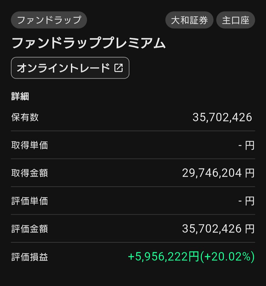 ponpontyler's tweet photo. ダイワファンドラッププレミアム
399日目 運用報告
運用スタイル：積極
取得額：¥29,746,204
評価額：¥35,702,426
損益(%)：+¥5,956,222 (+20.02%)
#ファンドラップ #DPort https://t.co/BvfMHojBN4