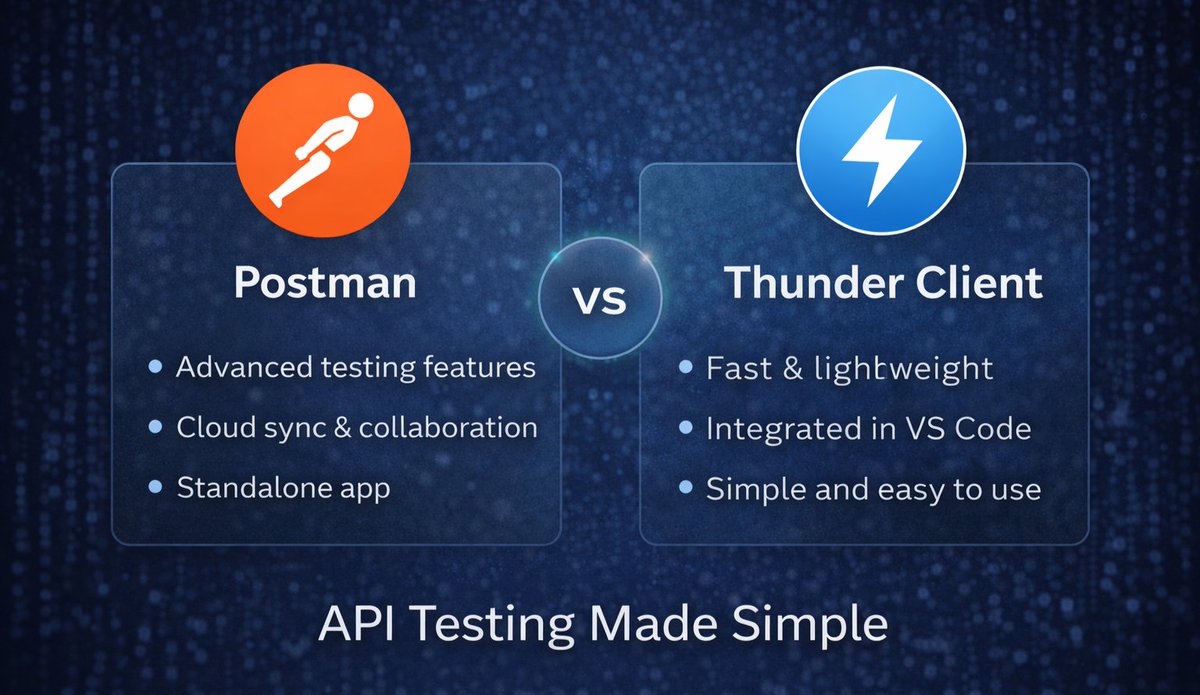 tanyashree02's tweet photo. API testing 
Postman = feature-rich, team-friendly, great for complex workflows.
Thunder Client = lightweight, VS Code-native, fast and simple.

Choose what fits your workflow!
#Postman #ThunderClient #APITesting #WebDev #BackendDev #Programming https://t.co/jGWF5SSDCs