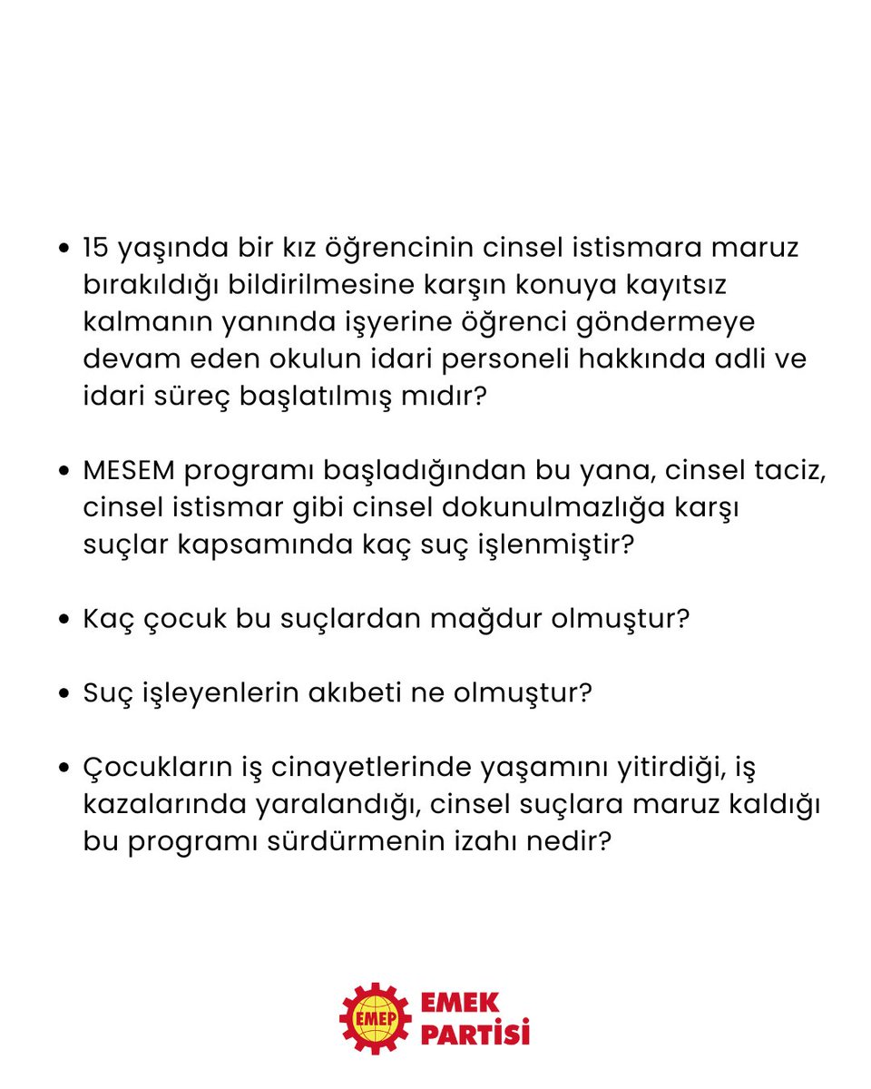 15 yaşında MESEM'li bir çocuk. 

Gün doğumundan gece yarısına çalıştırıldığı yerde cinsel tacize uğruyor. Şikayet ettiğinde okulun verdiği yanıt: “İş yeriyle aranızda.”

Üstelik başka kız çocuklarını da aynı işyerine göndermeye devam ediyorlar! 
 
MESEM denilen rezil düzen tam