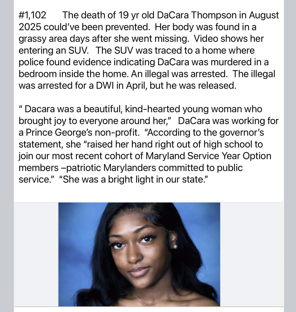 <a href="/JustJenRX/">Just Jen R𝕏 🫡🇺🇸</a> I’ve posted 1,193 other preventable deaths.

All I ask is for people to repost these preventable deaths &amp; inform the uninformed about illegal immigration.

I’m not selling anything, I’m not writing a book,  making a movie, etc.   I don’t need any money.  I’m not posting this
