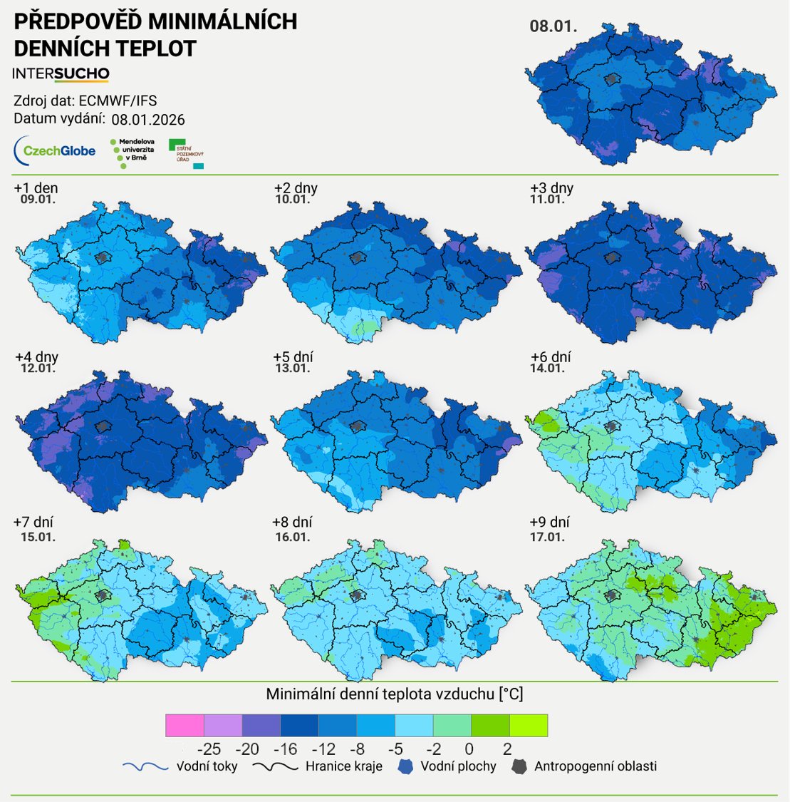 Aktuálně nás i přírodu z pohledu počasí nejvíce zajímají minimální teploty. Tam kde se objevuje tmavě modrá nebo dokonce fialová barva se mohou pohybovat i pod -16 °C. Pokud v těch regionech absentuje sníh (např. beze sněhu je část jižní Moravy) hrozí i vymrzání polních plodin.