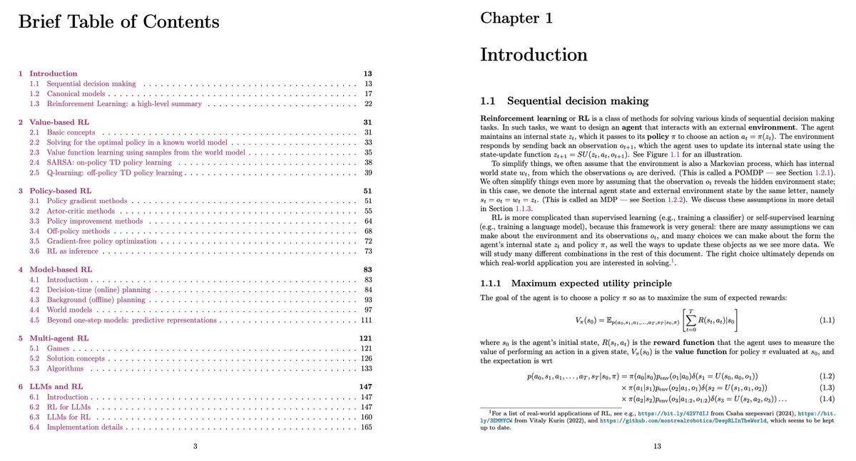 The most comprehensive RL overview I've ever seen.

Kevin Murphy from Google DeepMind, who has over 128k citations, wrote this.

What makes this different from other RL resources:

→ It bridges classical RL with the modern LLM era:

There's an entire chapter dedicated to "LLMs