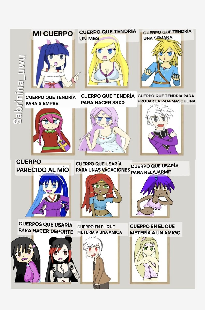 Sabrinina_uwu's tweet photo. Clasifico para qué usaría los cuerpos de personajes / personas que he dibujado últimamente.

Body swap artist tag.

Para qué cambiaría cuerpos con... https://t.co/dHPj5R3dtR