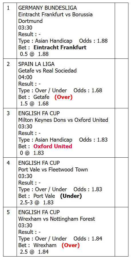 linkparlay's tweet photo. prediksi parlay hari ini
info bill dan grup parlay : https://t.co/2TQNhrYsOO
Eintracht Frankfurt vs Borussia Dortmund
Getafe vs Real Sociedad
Milton Keynes Dons vs Oxford United
Port Vale vs Fleetwood Town
Wrexham vs Nottingham Forest https://t.co/UyQBt5TSFe