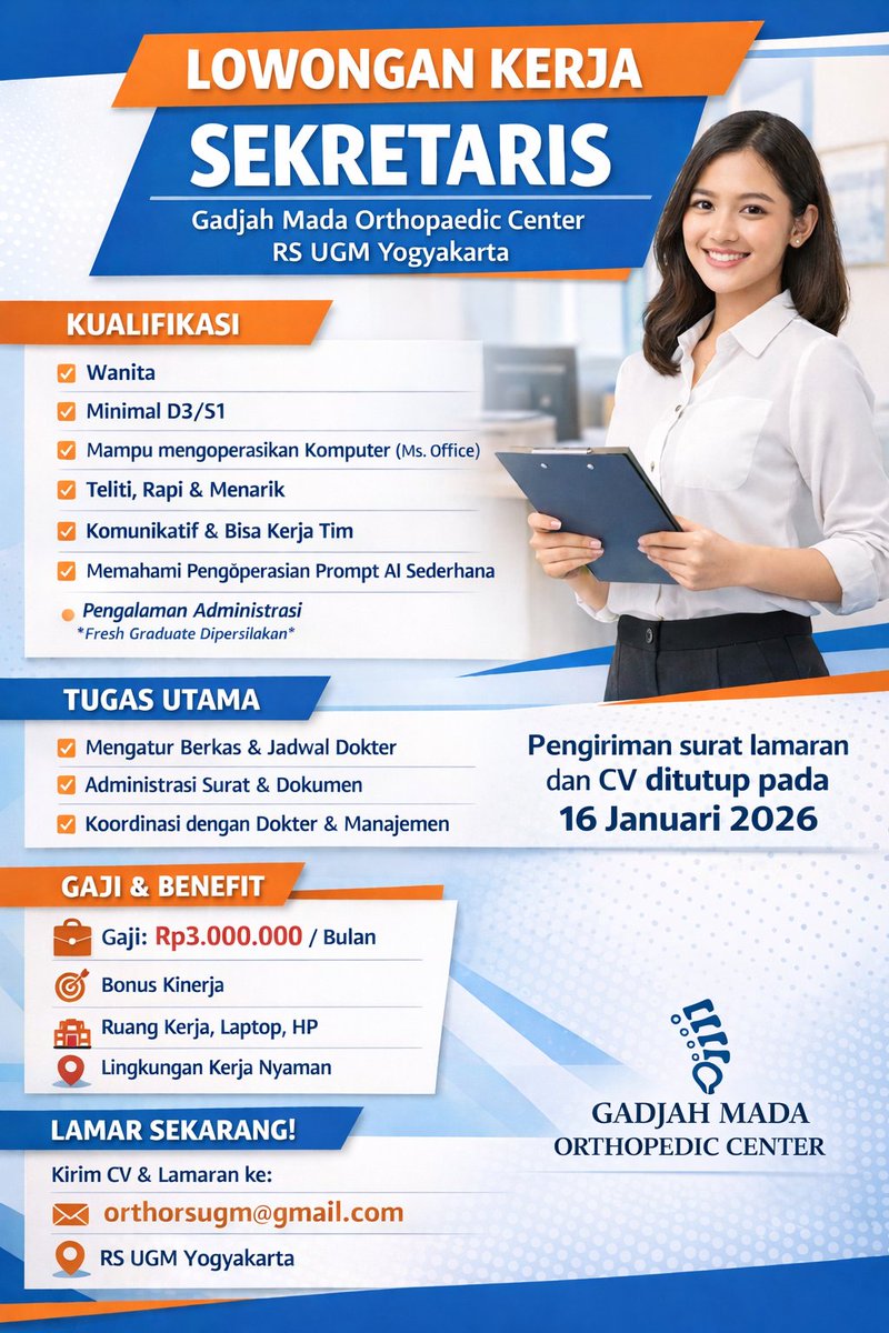 asaibrahim's tweet image. Ijin share lowongan kerjaan sekretaris ya gaes, untuk yang di jogja/pengen kerja di jogja.
Nanti kerja bareng saya sama dokter2 orthopedi lain di RS UGM.

Share ke temen/sodaramu yang tertarik yaaa.