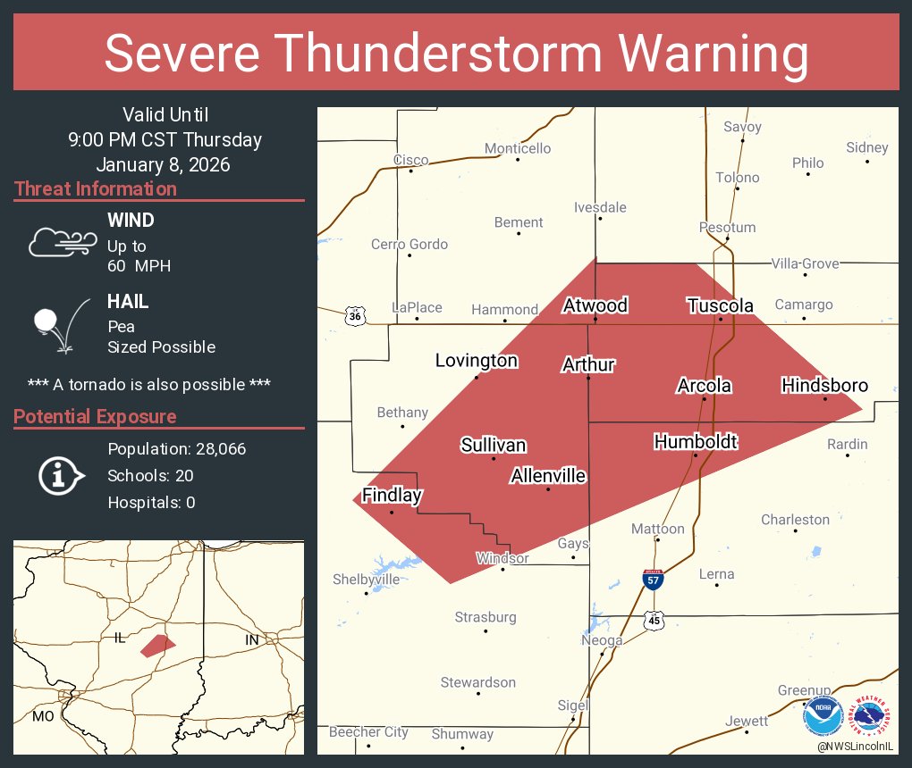 Severe Thunderstorm Warning including Tuscola IL, Sullivan IL and  Arcola IL until 9:00 PM CST