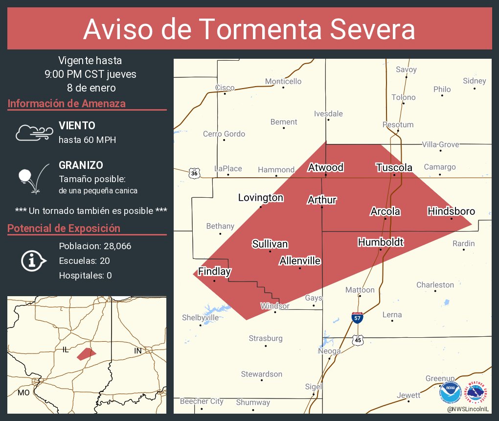 Aviso de Tormenta Severa incluye Tuscola IL, Sullivan IL, Arcola IL hasta las 9:00 PM CST