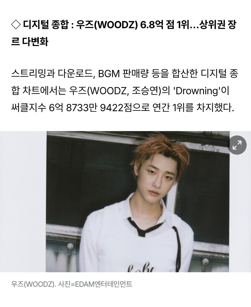 📰 260109 써클차트 연간차트 1위 써클차트, 2025 연간 랭킹 확정발표 🔗https://t.co/0AiCgqx3mO ◇디지털  종합: 우즈(WOODZ) 6.8억 점 1위 디저털종합차트(스트리밍과 다운로드, BGM 판매량 등 합산)에서 WOODZ(우즈 조승연)의  Drowning(드라우닝) 써클지수 6억 8733만 ...