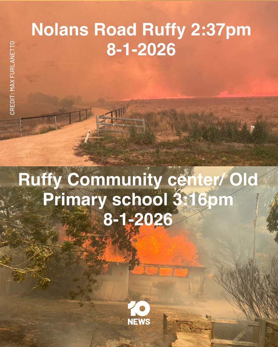 10NewsMelb's tweet photo. The first images from Ruffy show widespread destruction, with multiple homes and community buildings lost as the Longwood fire ripped through the township.

Among the structures destroyed was the Tablelands Community Centre, a former primary school that served as a vital hub for locals.

Ruffy CFA captain George Noye described the loss as “absolutely devastating”, saying crews “tried every trick in the book” before being forced to fall back.

He later returned to defend his own property and said “many houses” in the town had been lost.
