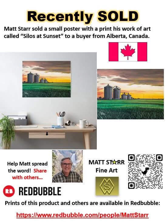 MattStarrFineA1's tweet image. I recently sold a small poster with a print of my work of art called “Silos at Sunset” to a buyer from Alberta, Canada my Redbubble art shop. redbubble.com/shop/ap/162439… 

#mattstarrfineart #Silos #sunset #farm #Canada #landscape #art #paintings #artforsale #artist #dailyart
