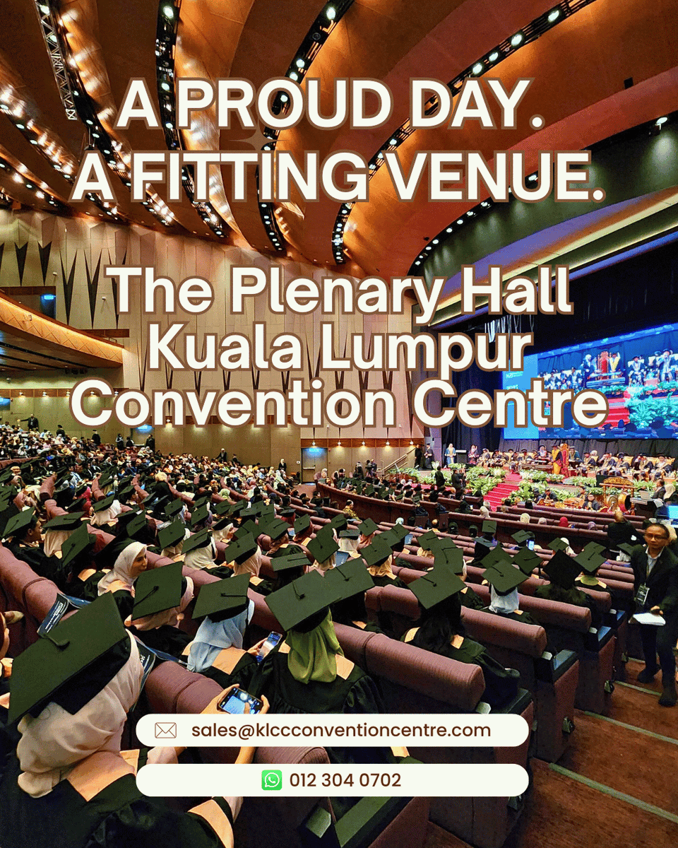 Convocation Package

The 2026 Convocation Package, hosted in a newly upgraded Plenary Hall, offers an enhanced setting for large-scale graduation ceremonies planned with clarity and confidence.

Enquiries : sales@klccconventioncentre.com | WhatsApp 012 304 0702 (Nani)

#klcc