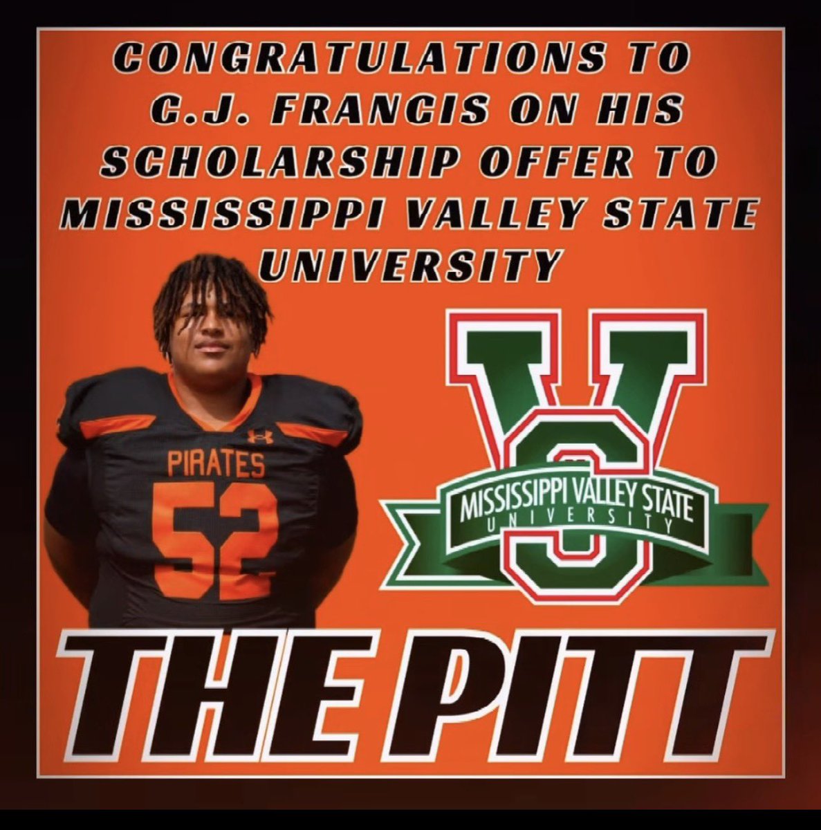 CJ_Francis76's tweet image. #AGTG After a great conversation with @JKilpatrick_2 I am blessed to receive my first Division 1 scholarship from @MSValleyFB!!!#Blessed #ThePitt 
@SPHSPIRATES @SPCoachStone @CoachHeavyD54 @zbranner70 
@CSmithScout