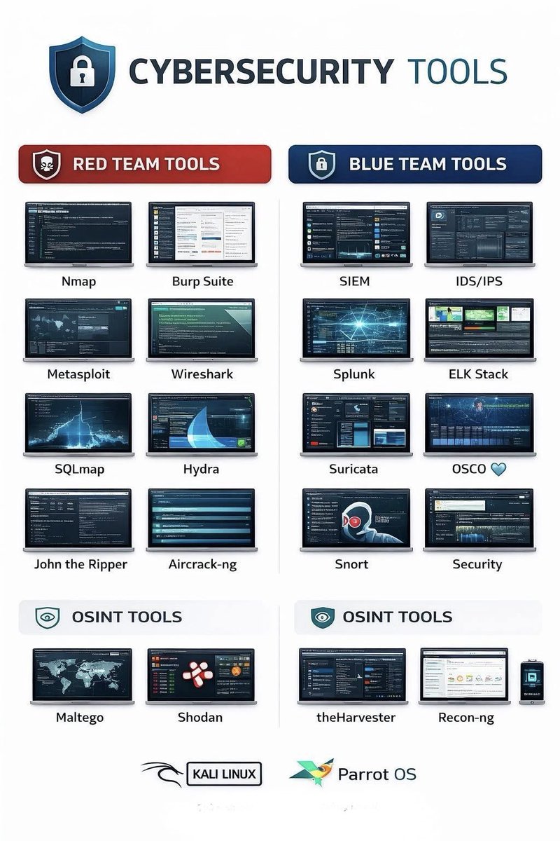 _0b1d1's tweet image. Cybersecurity is not hacking movies 🎯
These are the REAL tools used by professionals 👇
🔴 Red Team – Att**k &amp;amp; Ex***itation
🔵 Blue Team – Defense &amp;amp; Monitoring
🟢 OSINT – Intelligence Gathering
Save this 🔖 if you’re learning Cybersecurity.