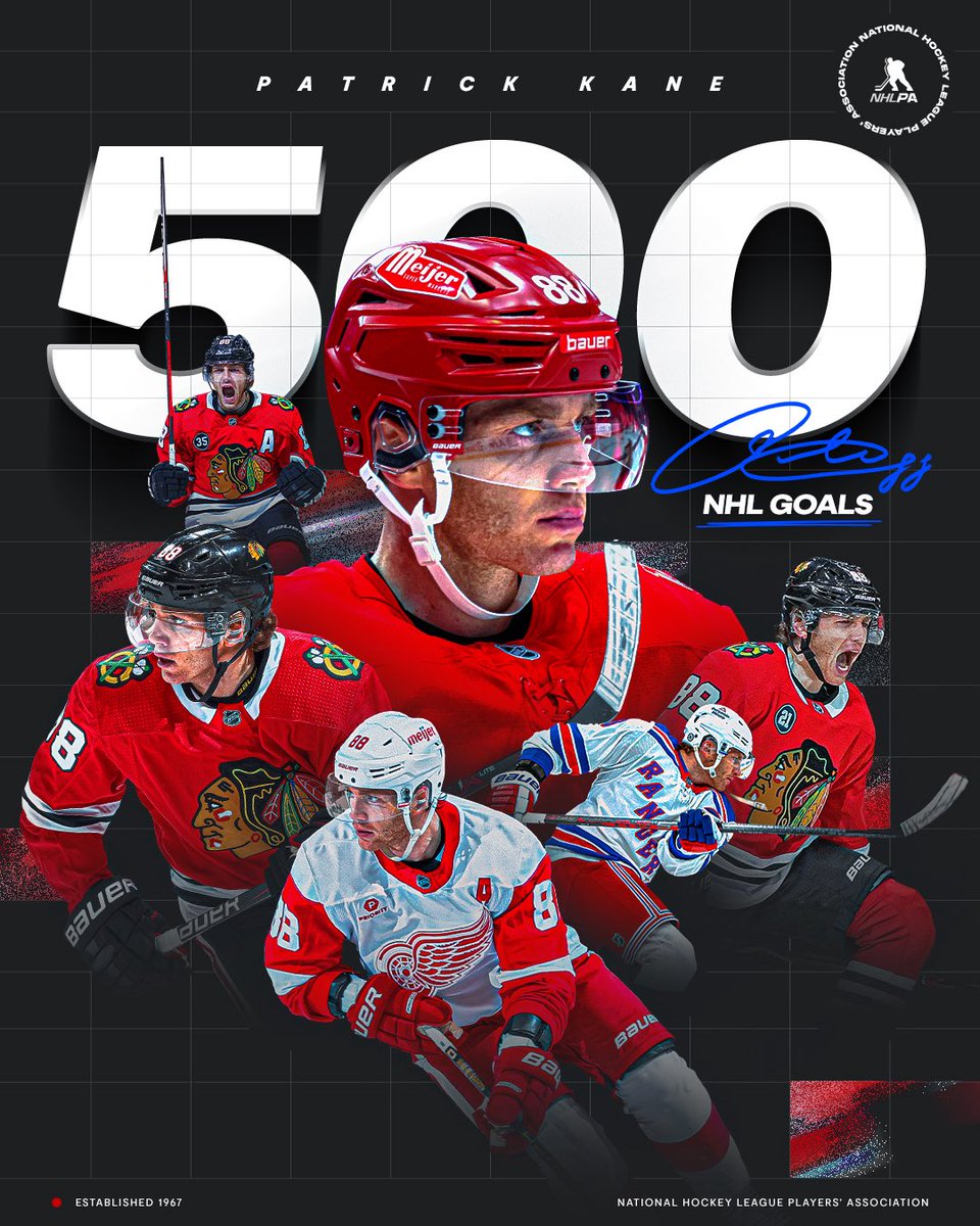 NHLPA's tweet image. Showtime x500🚨  

Patrick Kane becomes the 50th player in history to reach 500 NHL career goals – congrats to the @DetroitRedWings forward!