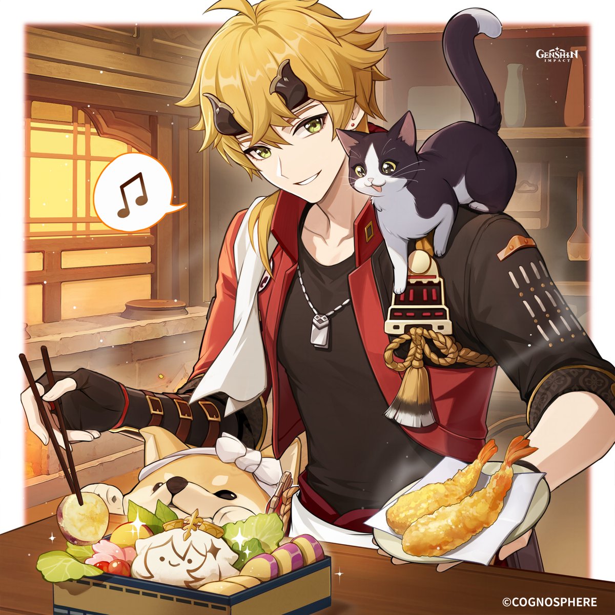 GenshinImpact's tweet image. Happy Birthday, Thoma!
#GenshinImpact #Thoma 

Hey, just a moment. I'm just finishing up the lunch boxes. Packed them with food that's easy to take on a picnic.
Grab a fried shrimp if you're hungry. Honestly, it seems Taroumaru's even hungrier. Wouldn't be surprised if he jumps…