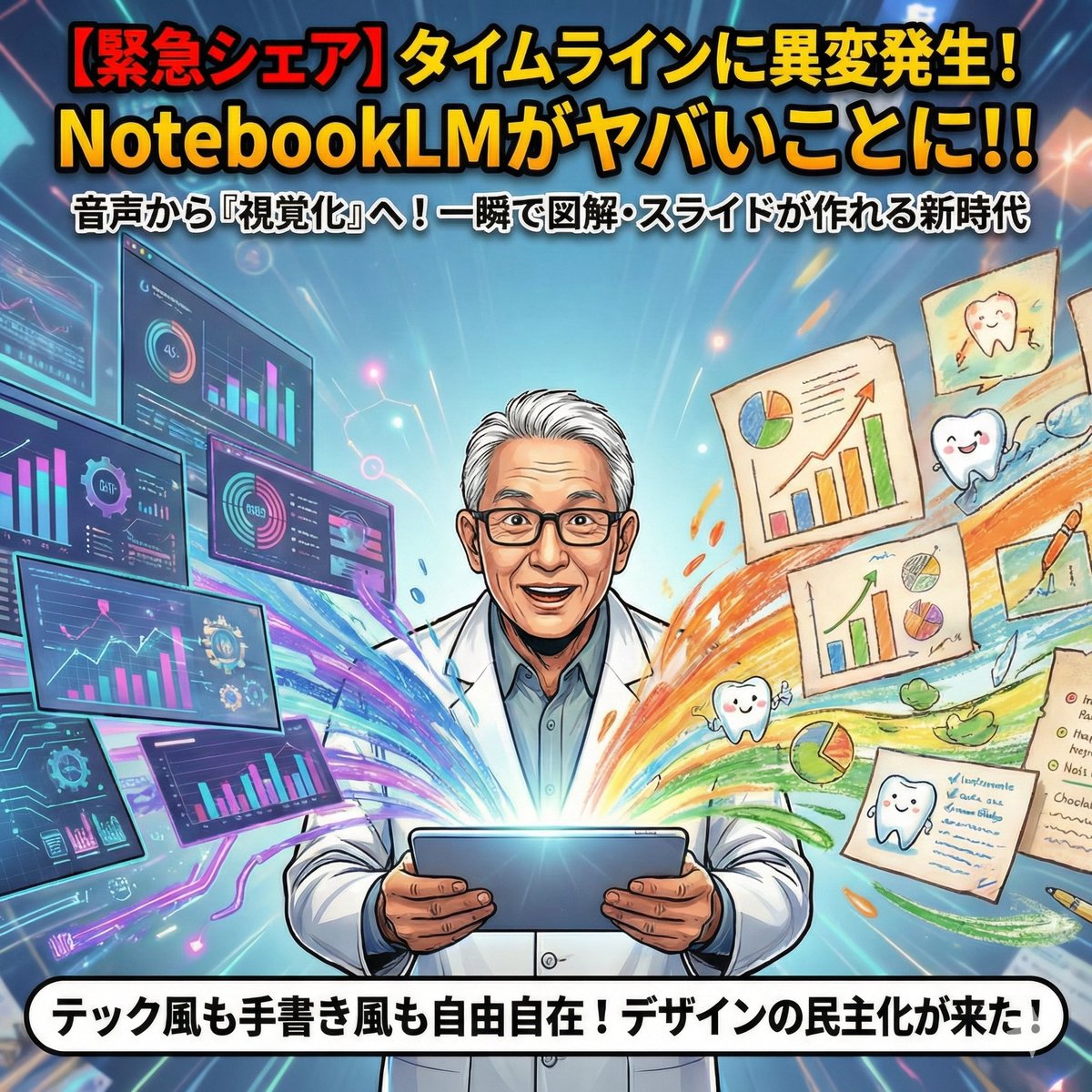 koide19's tweet photo. 今、私の生成AI界隈のタイムラインで、
とんでもないことが起きてるんです…！📷
Googleの「NotebookLM」、もう使いましたか？

#NotebookLM #生成AI #歯科医師 #技術的ルネサンス #インフォグラフィック #未来の学習法 #小出一久

https://t.co/8Etm89Rsz3 https://t.co/SzMfzL0c6y