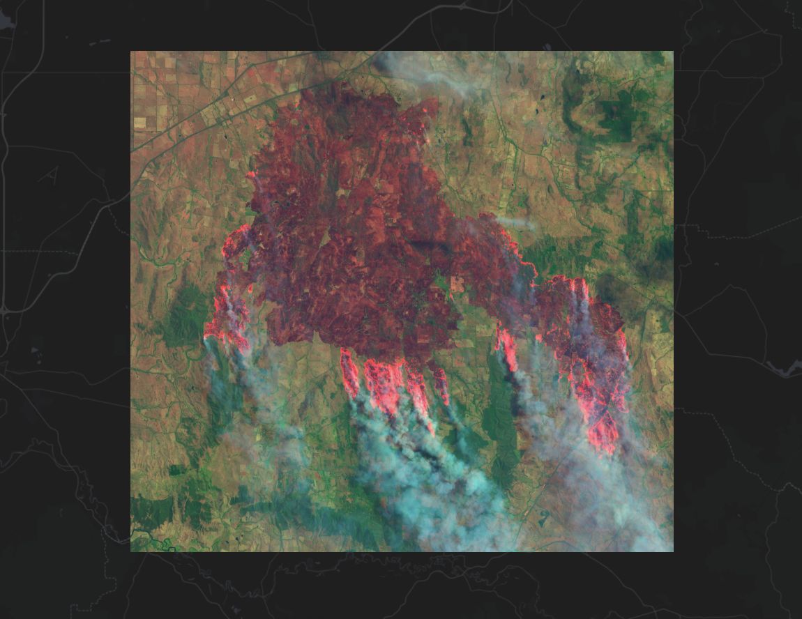 SoarAtlas's tweet photo. 🚨 A large bush fire west of Seymour, Australia can be seen burning brightly on satellite imagery captured today.  Direct Map Link: https://t.co/cQusWPVjoO 

#Bushfire #Victoria #Australia #Fire https://t.co/s55gzzIHPk