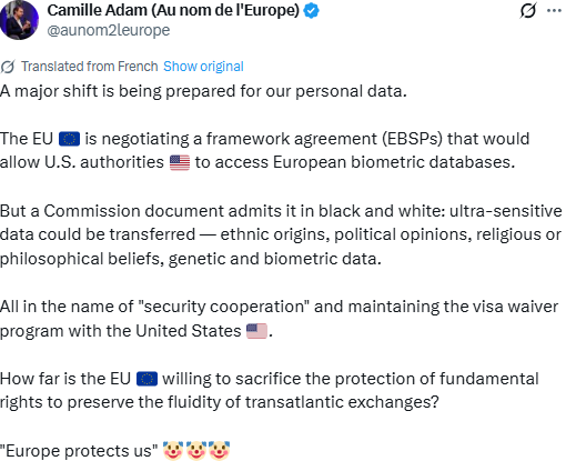 PatientCV's tweet photo. Why is the EU agreeing to let the USA own sensitive data concerning populations of europe?
https://t.co/GyoUuTImeu
#biometricdata #data #EU #USA #freedom https://t.co/VZFcpxvUGh
