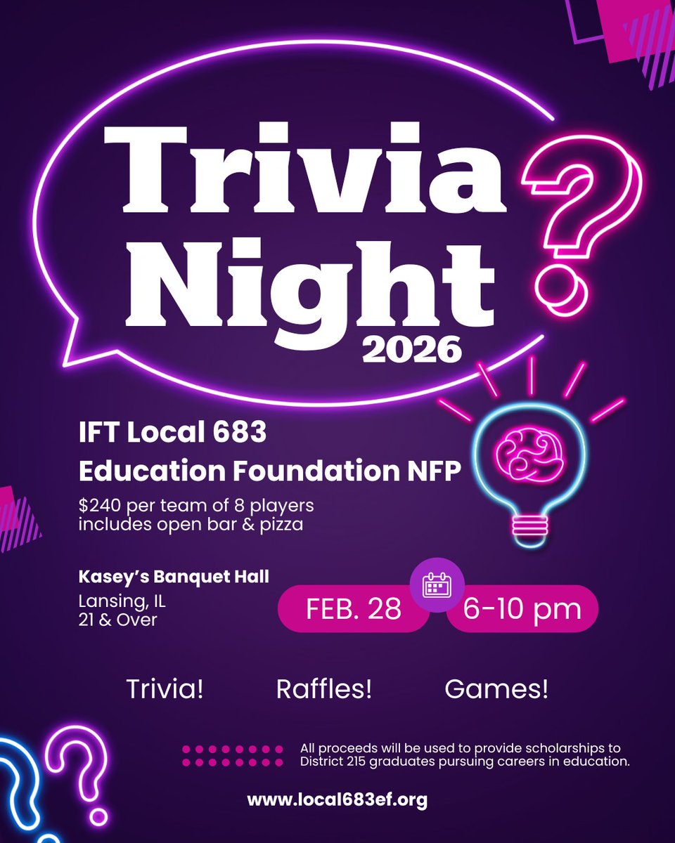 Local683EF's tweet image. Trivia Night 2026 tables are on sale! Tables of 8 are $240 and include pizza &amp;amp; an open bar. All money raised will be used to provide scholarships to D215 graduates pursuing careers in education.
Email all questions to joe.stephan@local683ef.org