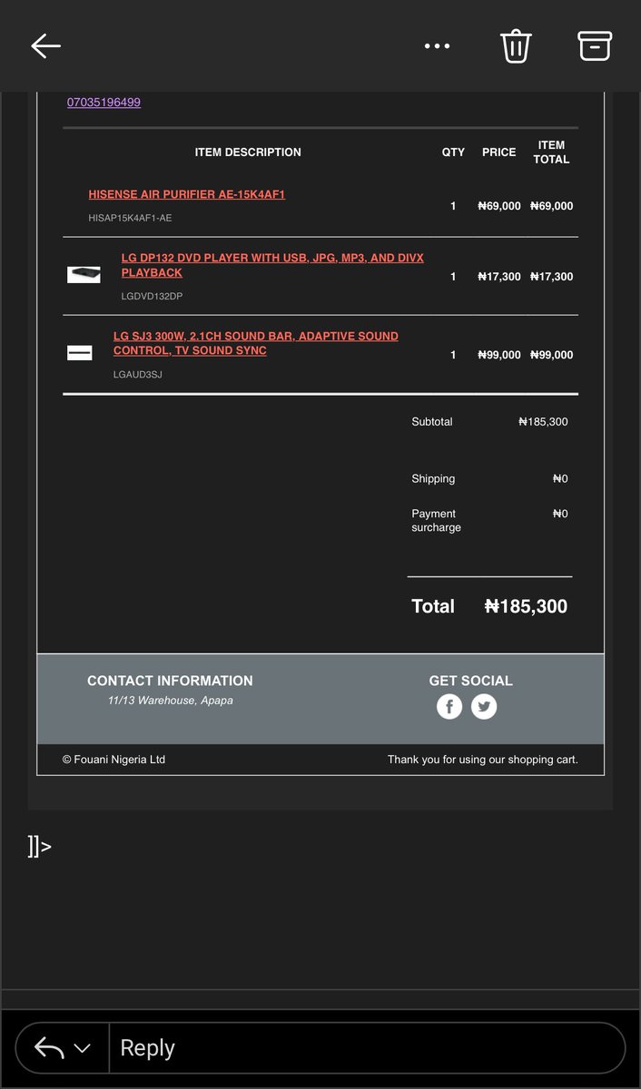 BalogunEko7's tweet image. Fouani Nigeria Ltd
11/13 Warehouse
Apapa, Lagos 101252
Nigeria
PHONE:016334444 - 018884444
WEBSITE:fouanistore.com
EMAIL:support@fouani.com
Na here I deh buy everything in my house. 

I no deh buy fake from Ibo people, and the price is affordable too. Home Delivery 🚚