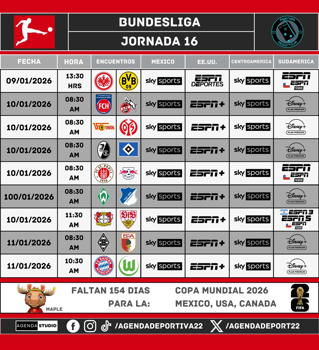 AgendaDeport22's tweet image. Bundesliga 
Jornada 16
Transmisión: México, USA, Centroamérica y Sudamerica
⚠️Programación Sujeta a Cambios⚠️
#Bundesliga 
#AgendaDeportiva