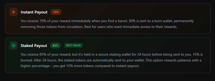 THE LONG AWAITED UPDATE IS FINALLY HERE!

Introducing the first bigger update for Oil Rig.

Starting now, you will have either "Instant Payout" or "Stake Rewards" options when you want to start drilling. Just simply choose before you start drilling.

When you opt for Instant