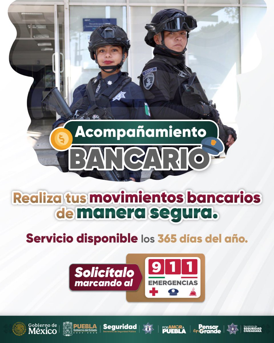 Cada retiro, depósito o trámite puede realizarse con mayor tranquilidad. El <a href="/Gob_Puebla/">Gobierno de Puebla</a> pone a disposición el servicio de acompañamiento bancario los 365 días del año, reforzando la prevención y demostrando que cuidar a las familias poblanas es parte de #PensarEnGrande.