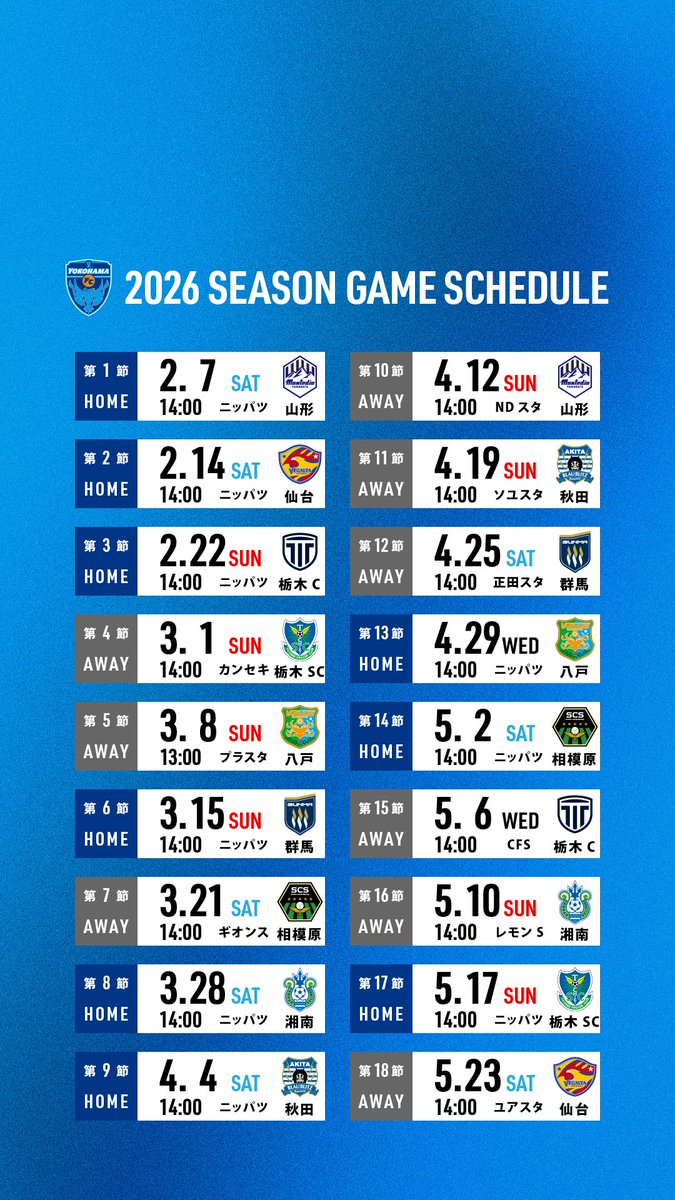 yokohama_fc's tweet image. ◤◢◤明治安田Ｊ２・Ｊ３百年構想リーグ
地域リーグラウンド 日程決定⚽✨◢◤◢

開幕から3週連続 #ニッパツ三ツ沢球技場 でホーム開催‼️‼️‼️

日程はこちら👉yokohamafc.com/2026/01/09/sch…

壁紙ダウンロードはこちら👉yokohamafc.com/special-conten…

🔵開幕戦：2/7(土) 14:00 vs. モンテディオ山形…
