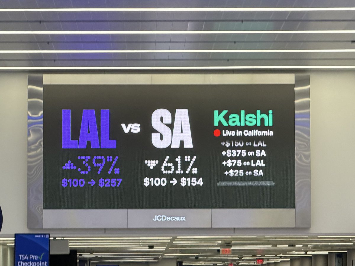 darrenrovell's tweet image. Betting not legal in California, but “prediction markets” are on billboards at LAX.