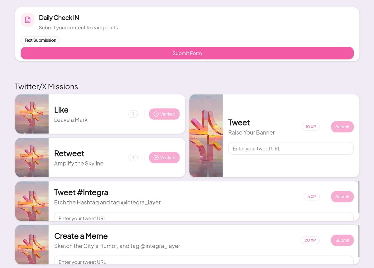 Nehal_Web4's tweet image. Position early for the Integra airdrop.

Earn @integra_layer XP by actively completing platform tasks and contributing on X.

Steps to get started: • Visit portal.integralayer.com/home
• Connect your wallet
• Complete the available social tasks (X connection, engagement, etc.)
•…