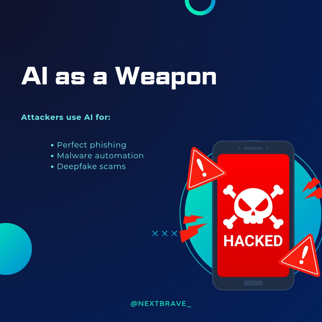 nextbrave_'s tweet photo. AI isn’t just helping defenders.
Attackers are using it too.

From phishing to deepfakes, this is AI-powered hacking 👇

#AI #AIHacking #CyberSecurity #MachineLearning #InfoSec https://t.co/an66JcMikq