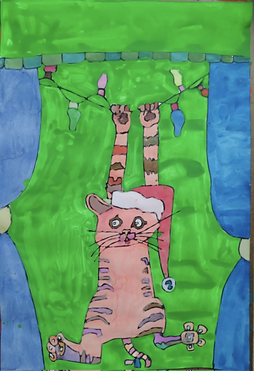 Title:  The cat is pulling the curtains. : 猫がカーテンを引いている : แมวดึงผ้าม่าน
Technique : Oil pastels and watercolor on paper.
Size : 42x59.4 cm.

I'm vivid colour expressions artists.