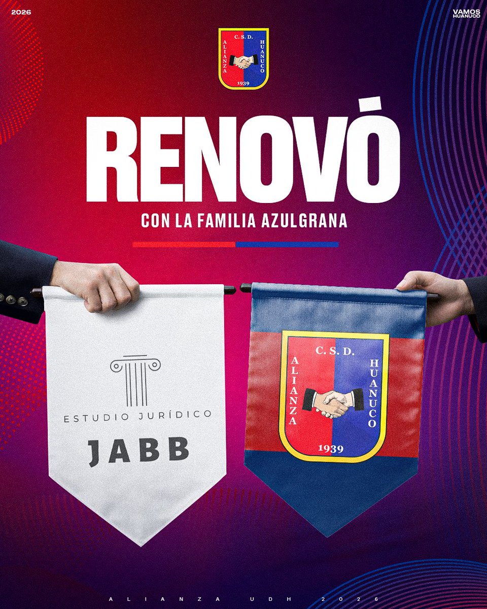 Renovamos nuestro vínculo con Estudio Jurídico JABB, sponsor oficial 2026. 🤝

Hacemos nuestros sus problemas legales. ⚖️
🔗 jabblegal.com

#VamosHuánuco
#VamosAlianzaUDH 🔴🔵