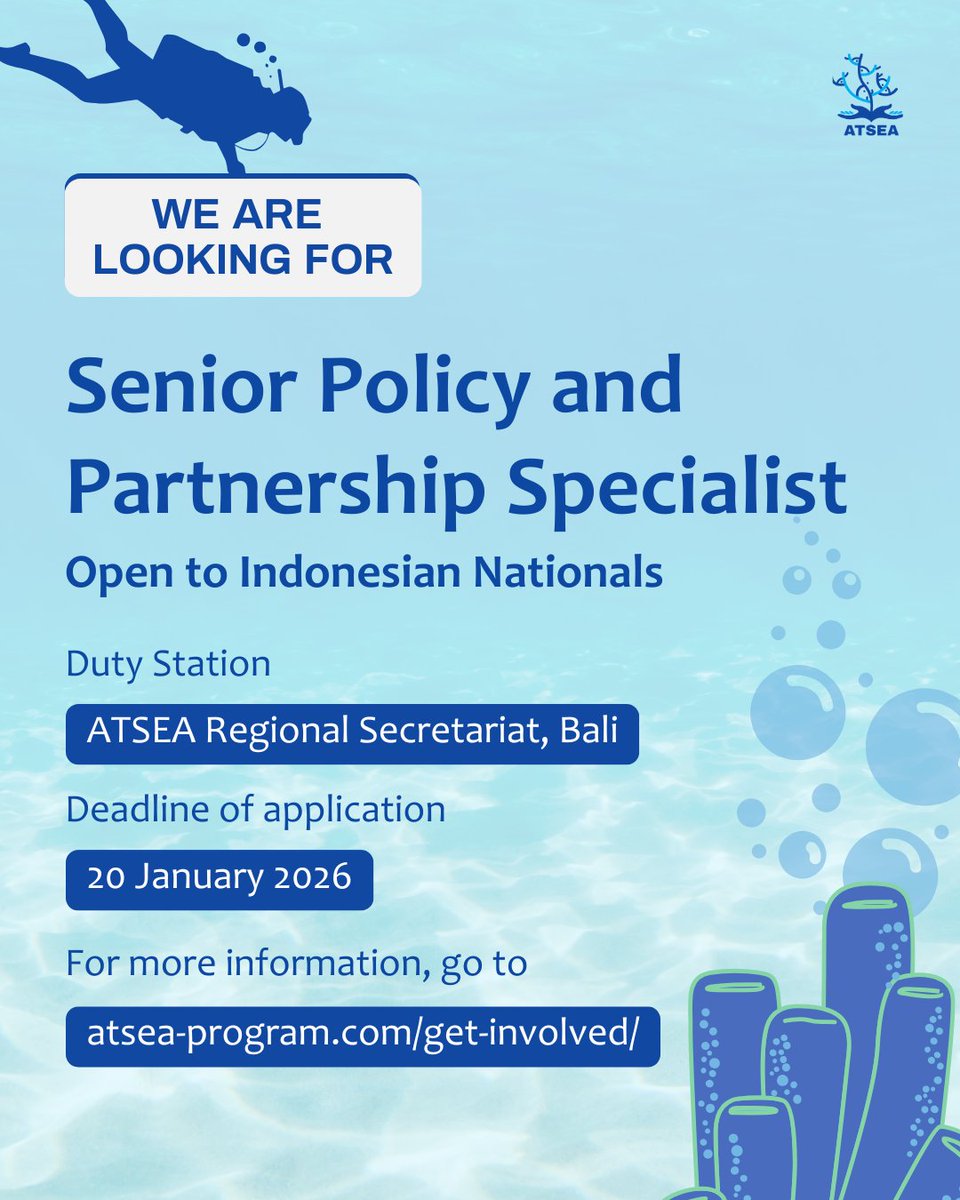 ProgramAtsea's tweet photo. We’re hiring📢 

ATSEA is looking for a Senior Policy and Partnership Specialist to join the Interim Regional Secretariat in Bali. This full-time role supports marine and coastal policy and strengthens partnerships across the ATS region.

👉 Full details: https://t.co/pv0SzPhgaY https://t.co/SmCsCBrFk6