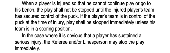 JesseGranger_'s tweet image. For those asking why play wasn't stopped when Hart was hurt, here is the official rule (Rule 8.1) 

The problem is the phrase "obvious that a player has sustained a serious injury" is very subjective, so it's hard to say whether or not the officials made the right call.