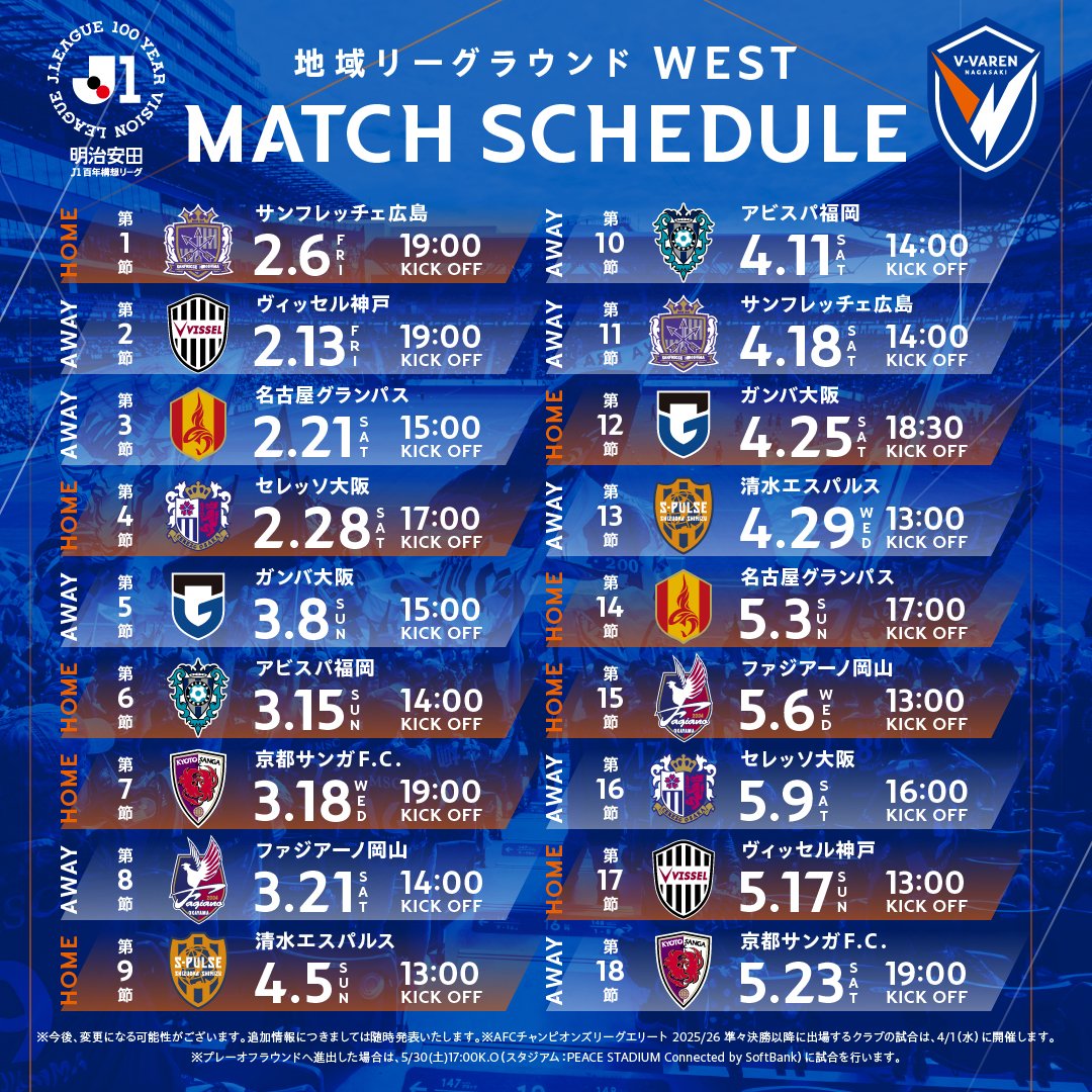 🔷明治安田J1百年構想リーグ🔶 地域リーグラウンド各節対戦カード発表