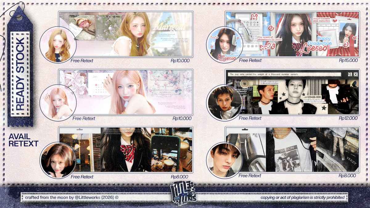 LittIeworks's tweet image. Help RT please? Thanks!

Hi, aku membawa beberapa layouts READY STOCK for immediate pickup at the listed prices. Available: Rei, Leeseo, Asa, Keonho &amp;amp; James. To claim yours, kindly send a DM and leave a mention to alert the archive. 

(#zonauang)