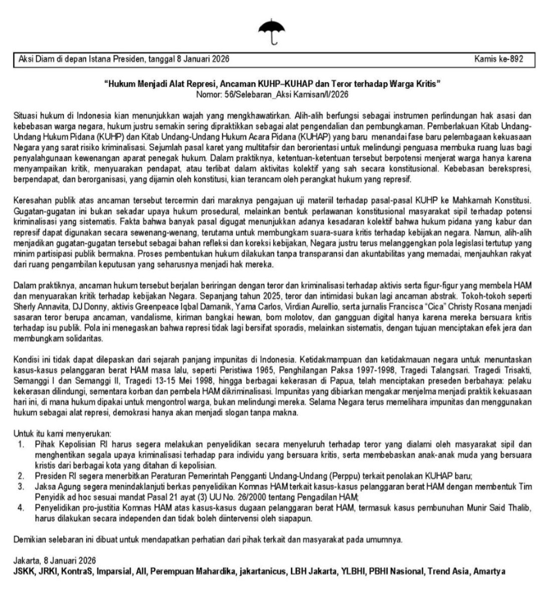 sumarsih11's tweet image. Trima kasih atas kebersamaan kawan2 dlm @AksiKamisan ke-892 yg bisa disimak di youtube JAKARTANICUS.
Sampai jumpa lagi pada Kamis, tg.15/1/26 u/menyambut 19th aksi yg dimulai sejak Kamis, tg. 18 Januari 2007.
@dipanggilwawan korban Semanggi I-13 November 1998