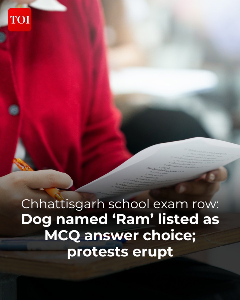 timesofindia's tweet photo. A class 4 #English exam in #Chhattisgarh's Mahasamund district sparked controversy after a multiple-choice question offered 'Ram' as the name of a dog. Right-wing organizations protested, calling it an insult to religious sentiments. 

An inquiry has been ordered, with officials seeking an explanation from the printing vendor.

Details here 🔗https://t.co/DHrEW3abJ7