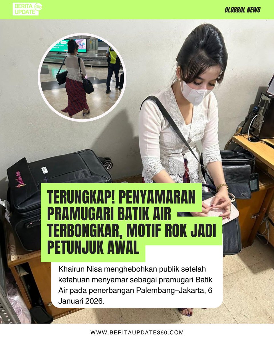 berita360_'s tweet photo. Khairun Nisa menghebohkan publik setelah ketahuan menyamar sebagai pramugari Batik Air pada penerbangan Palembang–Jakarta, 6 Januari 2026.
📌 Baca selengkapnya disini : https://t.co/sV84C03tHk
#penyamaran #pramugari #batikair Ciplukan Olla Yuli #BersamaPulihkanSumatera https://t.co/RyAZ7PnzLD