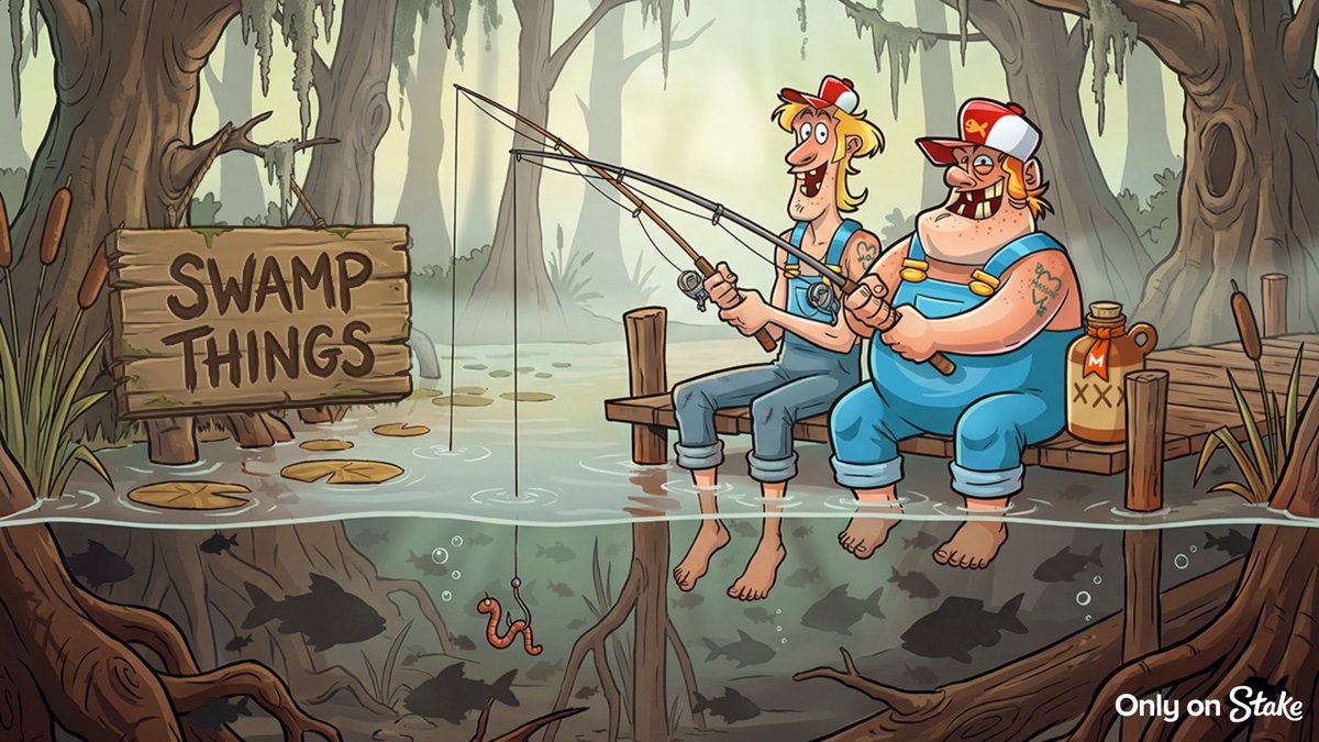 Stake's tweet image. Guess the number of fish and you could reel in a gift from us 🎣💰 T&amp;amp;Cs Apply. 
Swamp Things by Massive Studios, Only on Stake 🐊