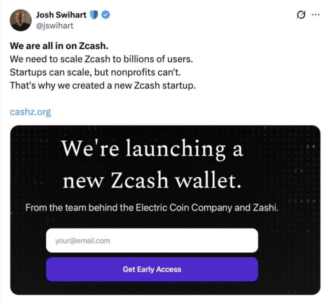 🚨소식🚨 $Zcash 지캐시 개발자들 사임, 신설 회사 설립 가능성 제기!👀 일렉트릭 코인 컴퍼니(Electric Coin  Company)의 Zcash 팀 전체가 이사회 분쟁 끝에 1월 7일(미 기준) 사임했으며, 새로운 회사 설립을 검토 중!! 지캐시의 향후