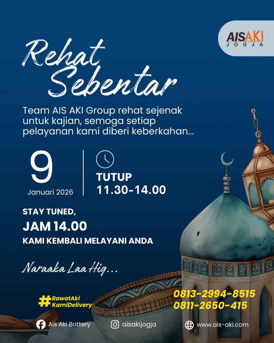 ais_aki_jogja's tweet image. Rehat Sejenak untuk Pelayanan yang Lebih Berkah! ✨

Halo Sobat Aki! Demi meningkatkan
#AisAkiGroup #SolusiAki #AkiCepatSolutif #TemanPerjalanan #LayananAki